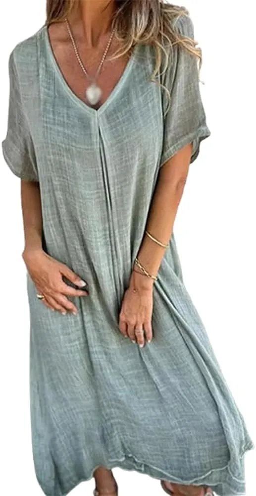 Cotton and Linen V-Neck Midi Dress, Frontaley Dresses, Linen Dresses for Women, Plus Size Cool Comfortable