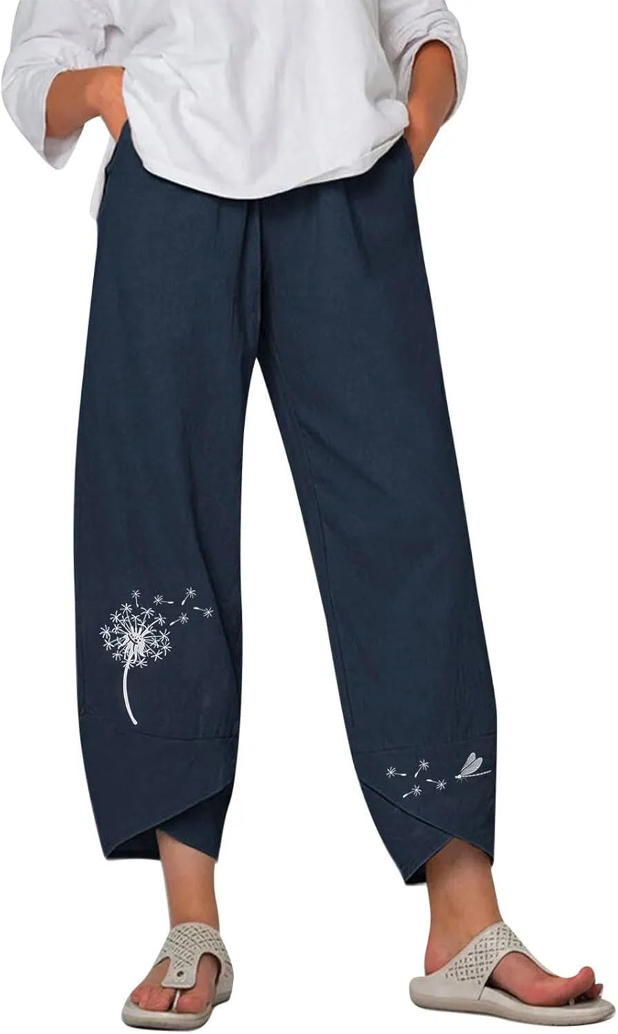 Cotton Joggers for Women Elastic High Waisted Straight Leg Pants Solid Color Summer Beach Comfortable Breathable Trousers
