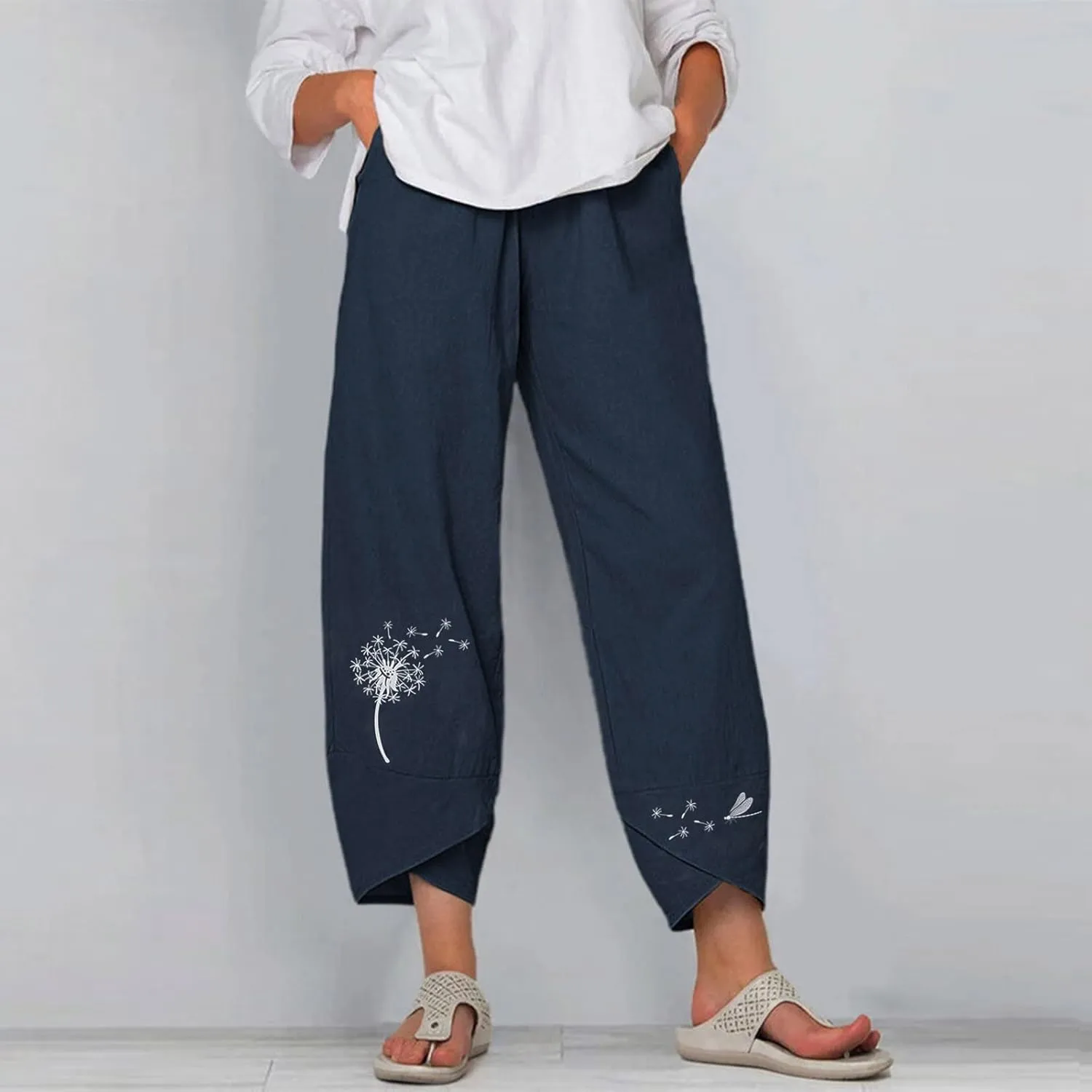 Cotton Joggers for Women Elastic High Waisted Straight Leg Pants Solid Color Summer Beach Comfortable Breathable Trousers