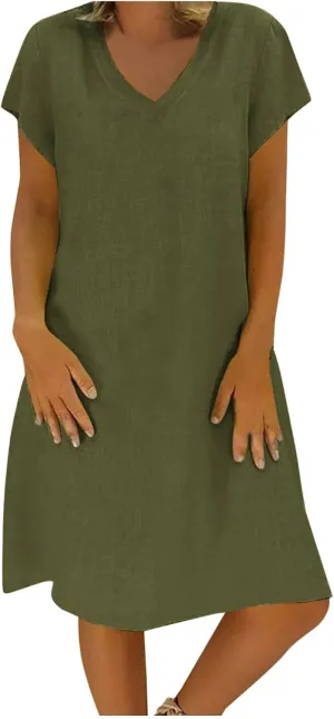 Cotton Linen Dresses for Women, 2024 Summer Casual Short Sleeve Midi Dress,Trendy V Neck Beach Sundresses