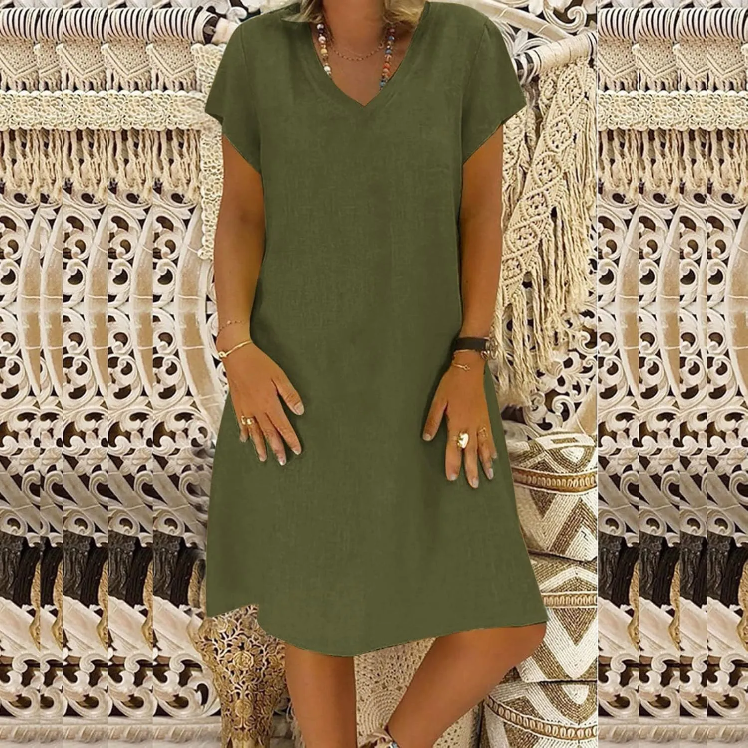 Cotton Linen Dresses for Women, 2024 Summer Casual Short Sleeve Midi Dress,Trendy V Neck Beach Sundresses