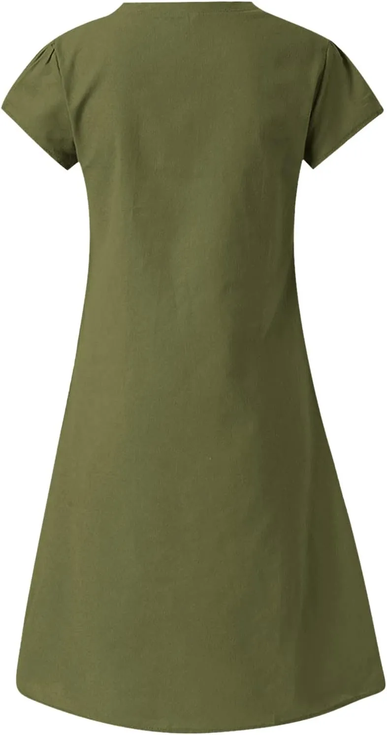 Cotton Linen Dresses for Women, 2024 Summer Casual Short Sleeve Midi Dress,Trendy V Neck Beach Sundresses
