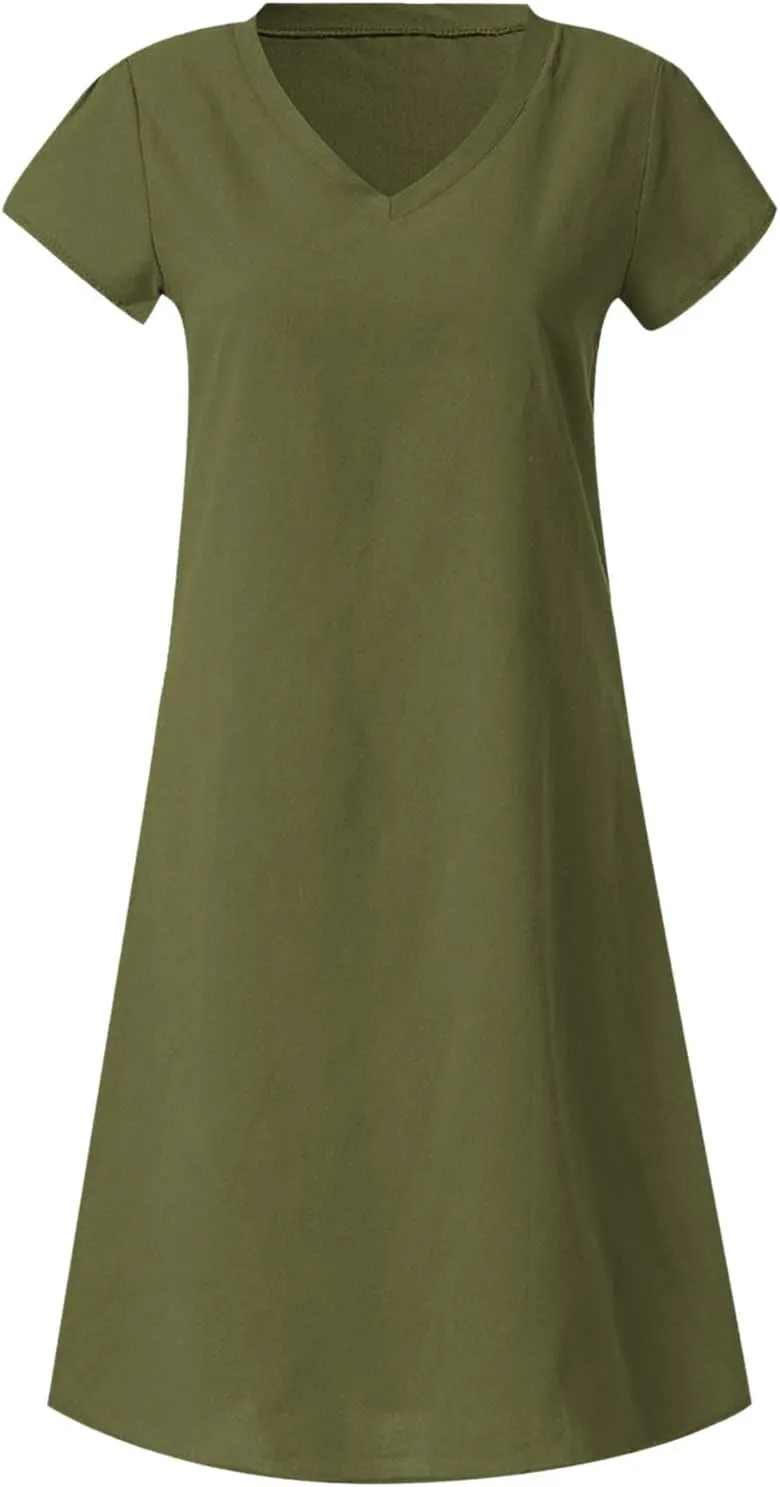 Cotton Linen Dresses for Women, 2024 Summer Casual Short Sleeve Midi Dress,Trendy V Neck Beach Sundresses