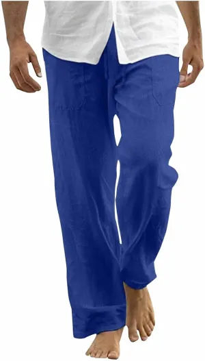 Cotton Linen Men's Wide Leg Linen Pants Elastic Waistband Comfortable Relax Fit Casual Beachwear Yoga Lounge