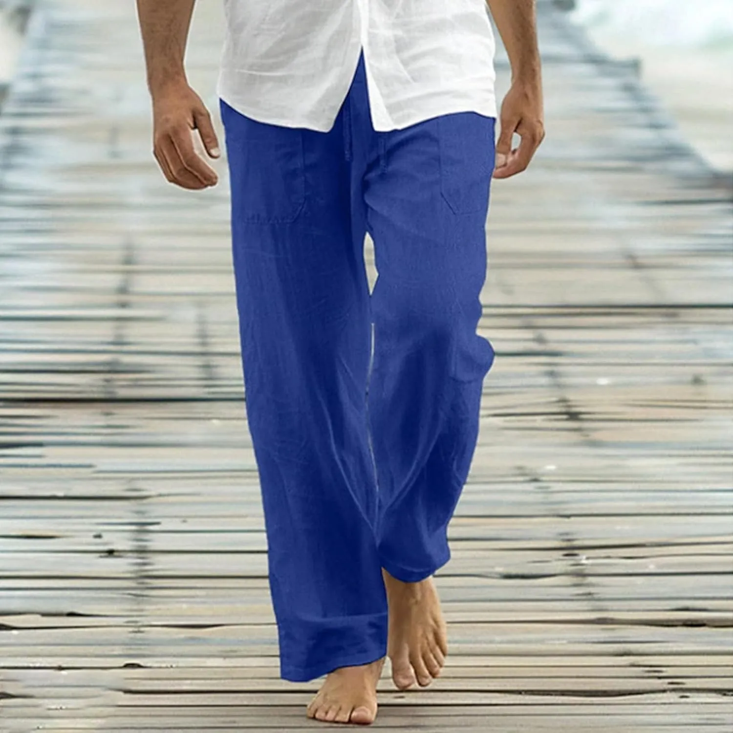 Cotton Linen Men's Wide Leg Linen Pants Elastic Waistband Comfortable Relax Fit Casual Beachwear Yoga Lounge