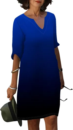 Cotton Linen Solid Baggy Dresses for Women 2024 Summer Elegant V Neck 3/4 Sleeve Midi Casual Beach T Shirt Maxi Sun Dress