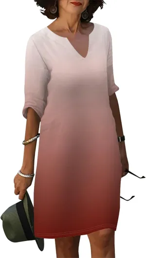 Cotton Linen Solid Baggy Dresses for Women 2024 Summer Elegant V Neck 3/4 Sleeve Midi Casual Beach T Shirt Maxi Sun Dress