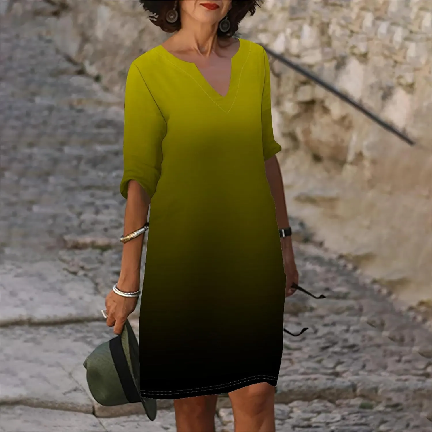 Cotton Linen Solid Baggy Dresses for Women 2024 Summer Elegant V Neck 3/4 Sleeve Midi Casual Beach T Shirt Maxi Sun Dress