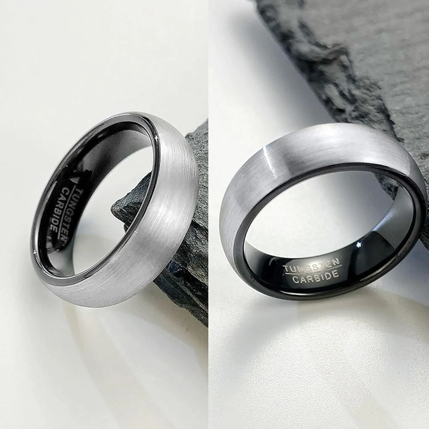 Couples Matching Rings Set, Wedding Rings Sets for Him and Her Tungsten Comfort Fit Brushed Ring Wide 6mm