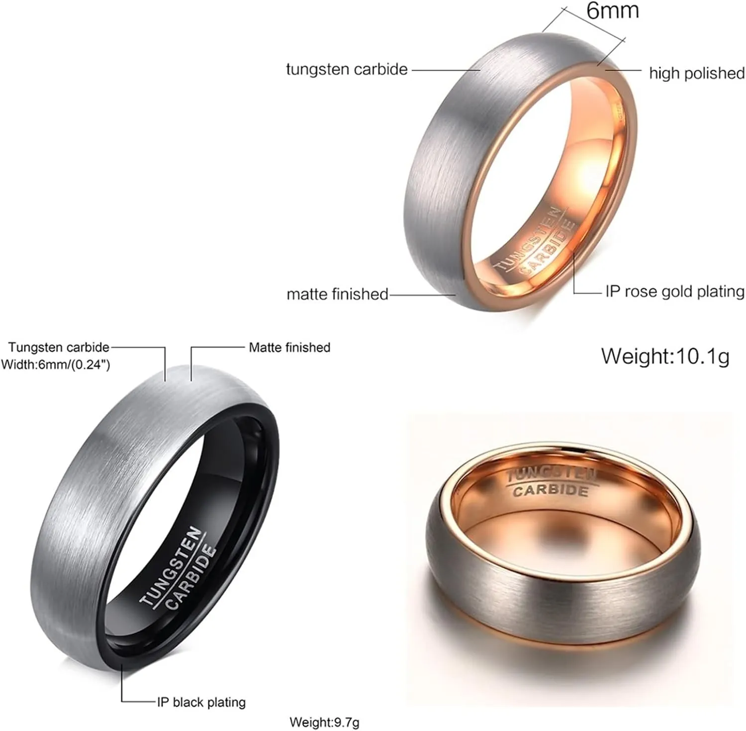 Couples Matching Rings Set, Wedding Rings Sets for Him and Her Tungsten Comfort Fit Brushed Ring Wide 6mm