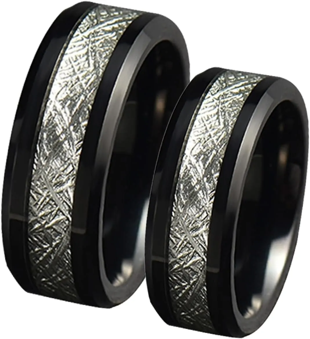 Couples Promise Rings Set, Tungsten Engagement Rings for Couples Set Comfort Fit 8mm Black Ring Inlay Silver Metal