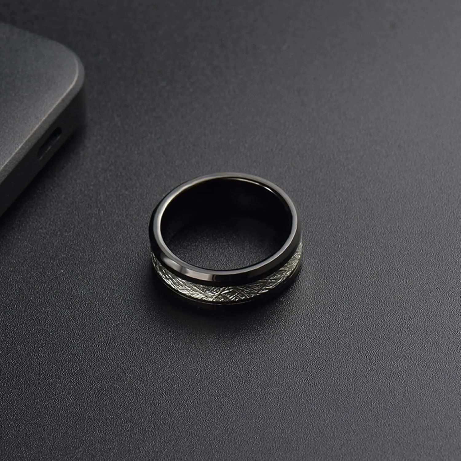 Couples Promise Rings Set, Tungsten Engagement Rings for Couples Set Comfort Fit 8mm Black Ring Inlay Silver Metal