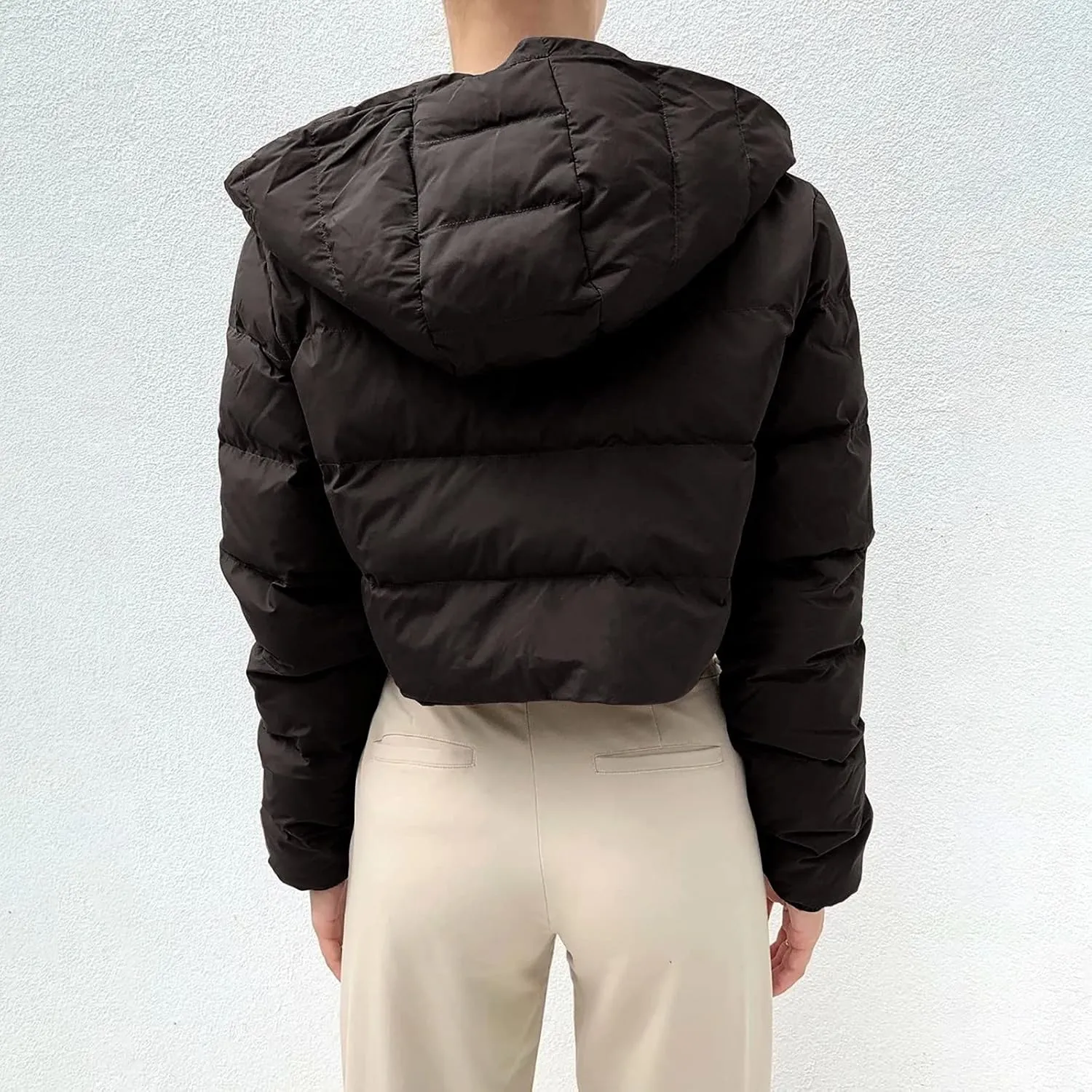 Cropped Jackets for Women Long Sleeve Slim Fit Thickened Down Jacket Winter Zip Up Solid Hooded Quilted Puffer Coat