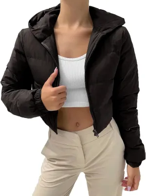 Cropped Jackets for Women Long Sleeve Slim Fit Thickened Down Jacket Winter Zip Up Solid Hooded Quilted Puffer Coat