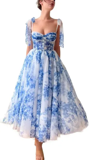 Cute Tulle Blue and White Floral Print Prom Dress Long Senior Sweetheart Evening Gown with Pockets for Girls WD111