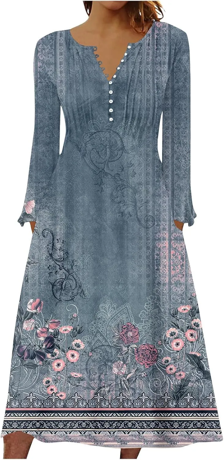 Dresses for Women Casual Trendy Plus Size Long Sleeve Midi Dress Sexy V Neck Button Down Summer Fall Flowy Dress