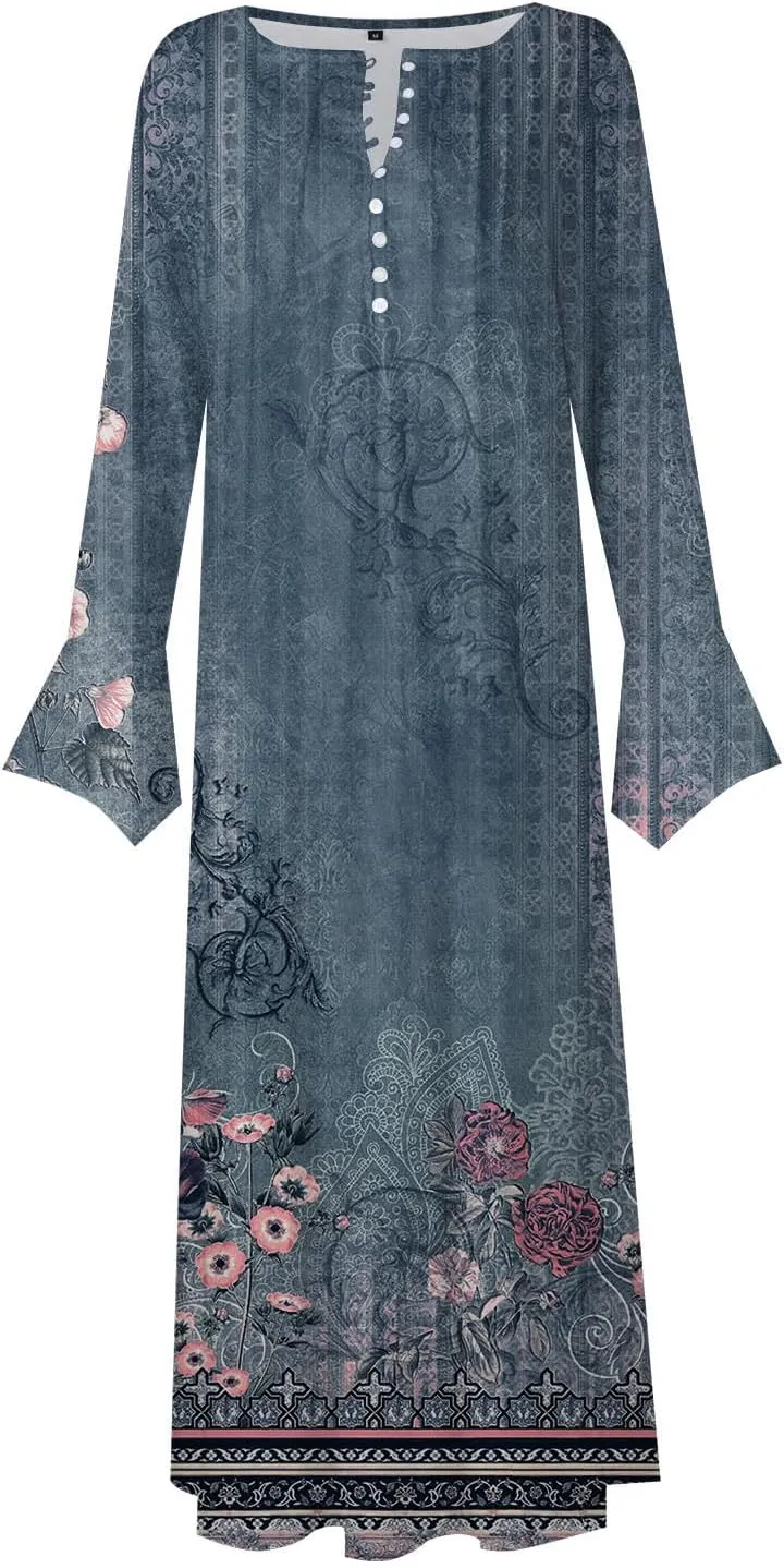 Dresses for Women Casual Trendy Plus Size Long Sleeve Midi Dress Sexy V Neck Button Down Summer Fall Flowy Dress