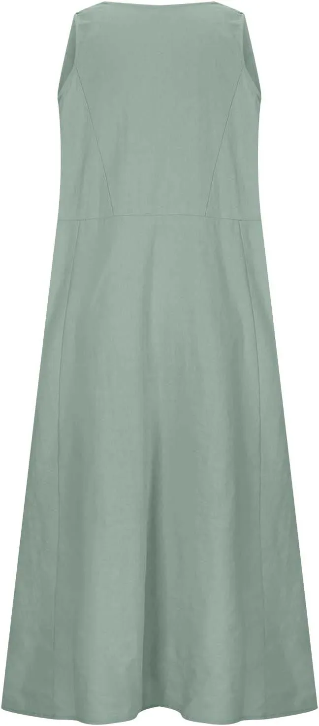 Dresses for Women Cotton Linen Casual Sundress Vacation Beach Tank Flowy Trendy Dress with Pockets