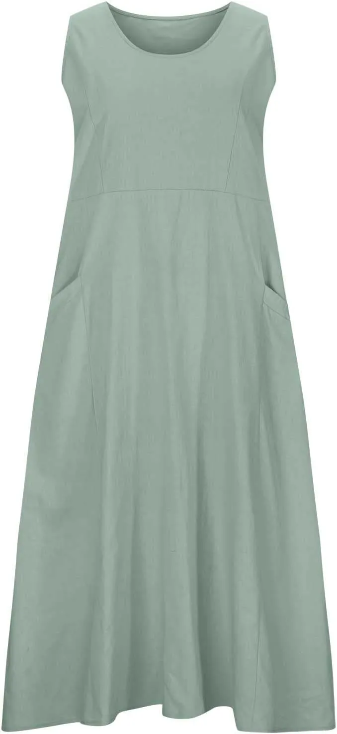 Dresses for Women Cotton Linen Casual Sundress Vacation Beach Tank Flowy Trendy Dress with Pockets