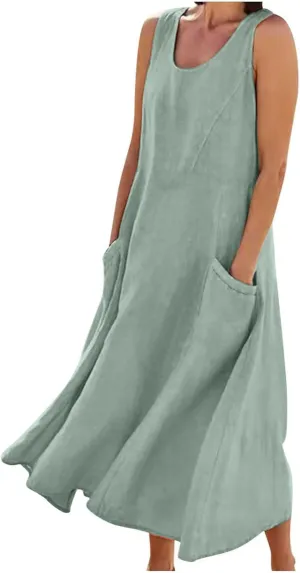 Dresses for Women Cotton Linen Casual Sundress Vacation Beach Tank Flowy Trendy Dress with Pockets