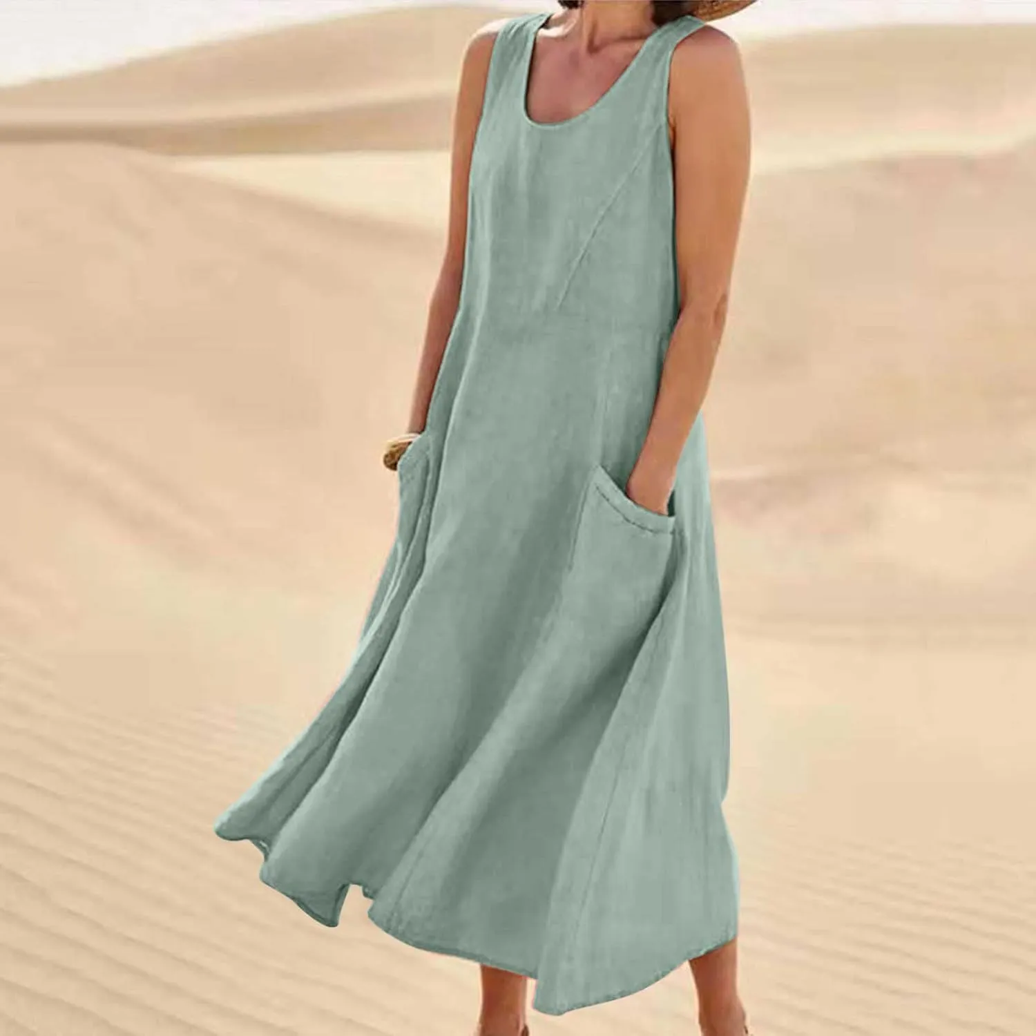 Dresses for Women Cotton Linen Casual Sundress Vacation Beach Tank Flowy Trendy Dress with Pockets