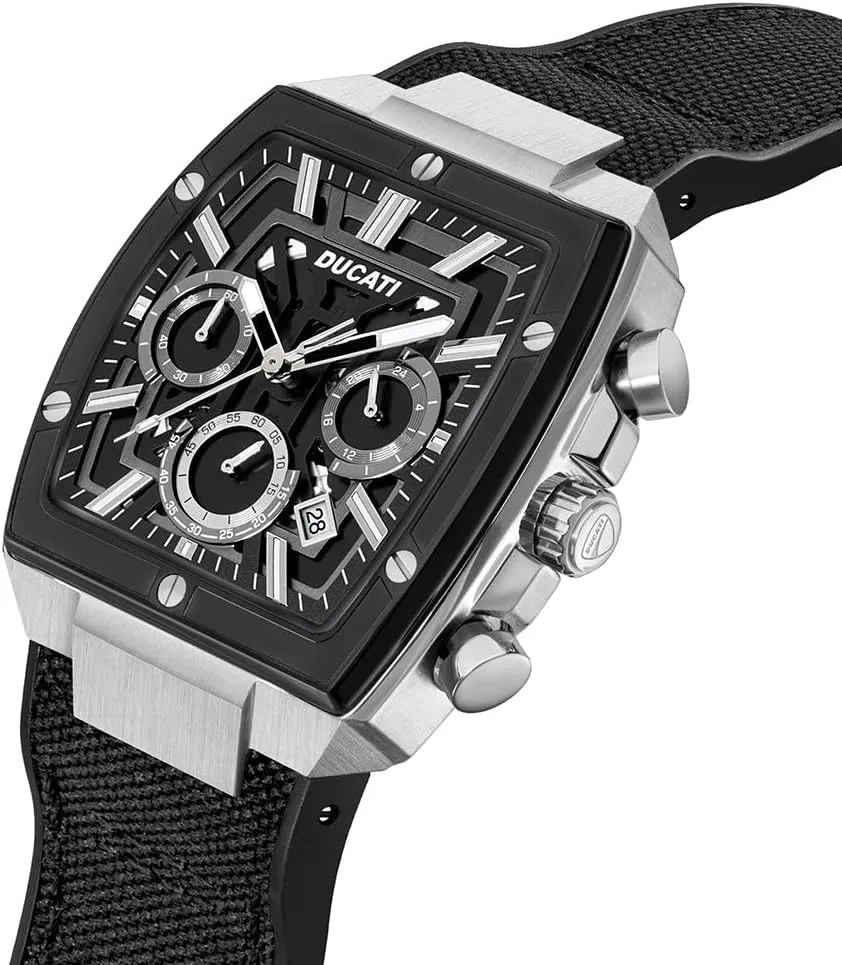 Ducati Mens Quartz Watch  Chronograph and Analog Features, Rectangular Case Design, Semi-Transparent Dial, Industrial Styling, Sport Dress Hybrid Timepiece for Daily and Casual Wear