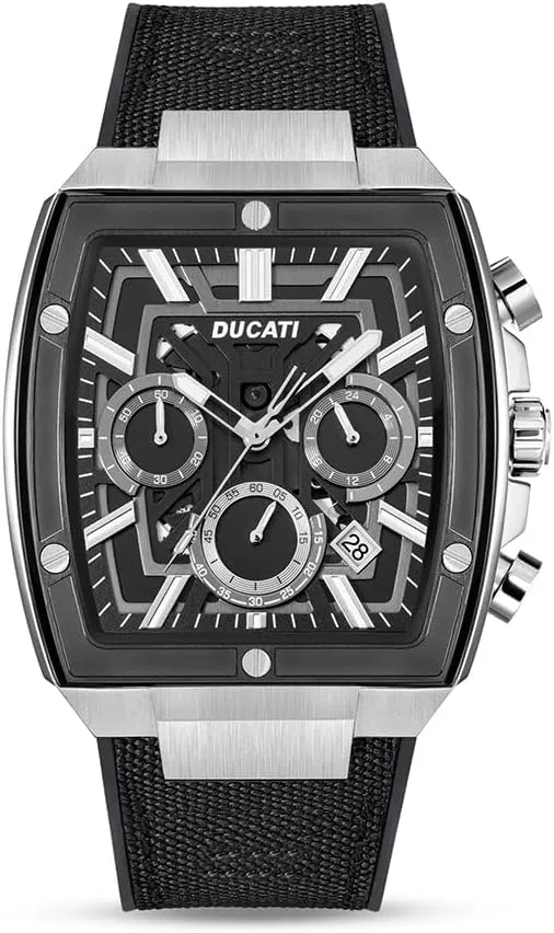 Ducati Mens Quartz Watch  Chronograph and Analog Features, Rectangular Case Design, Semi-Transparent Dial, Industrial Styling, Sport Dress Hybrid Timepiece for Daily and Casual Wear