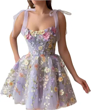 ebossy Women's 3D Floral Tie Strap Tulle Prom Dresses 2024 Summer Fairy Embroidery Lace Applique Party Mini Princess Dress
