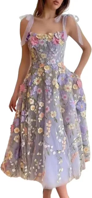 ebossy Women's 3D Floral Tie Strap Tulle Prom Dresses 2024 Summer Fairy Embroidery Lace Applique Party Mini Princess Dress