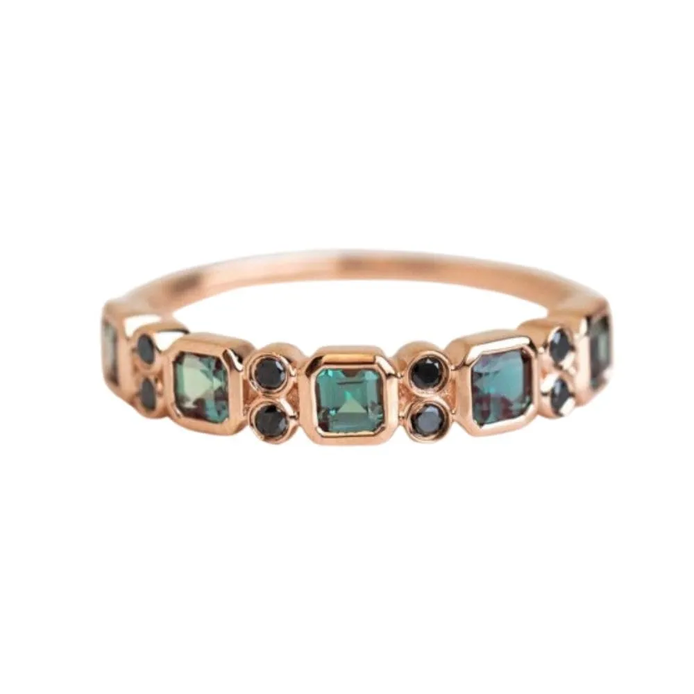 Emerald Princess & Round Cut Black Diamond Delicate Half Eternity Bezel Set Stacking Minimalist Wedding Band Rings For Women 14K Rose Gold Finish 925 Sterling Silver Handmade Jewelry Anniversary Band