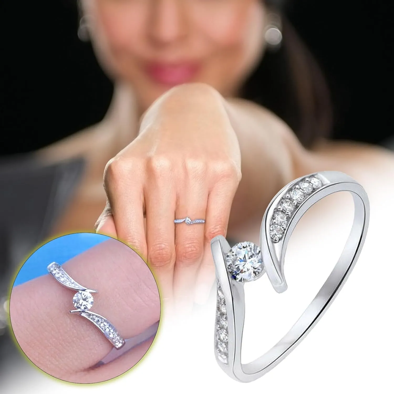 Engagement Anniversary Wedding Bands for Women,925 Sterling Silver Cubic Zirconia Adjustable Promise Marriage Rings for Her