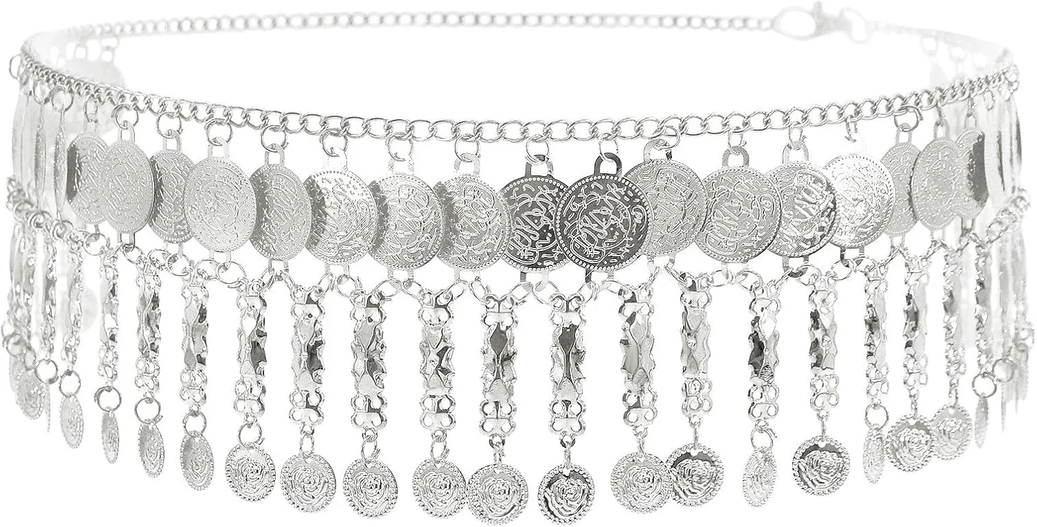 Ethnic Gold Silver Coin Tassel Waist Chains for Women, Dance Beach Party Belly Body Chains,Retro Sexy Dress Jewelry Accessories Adjustable Belt Chains Gift