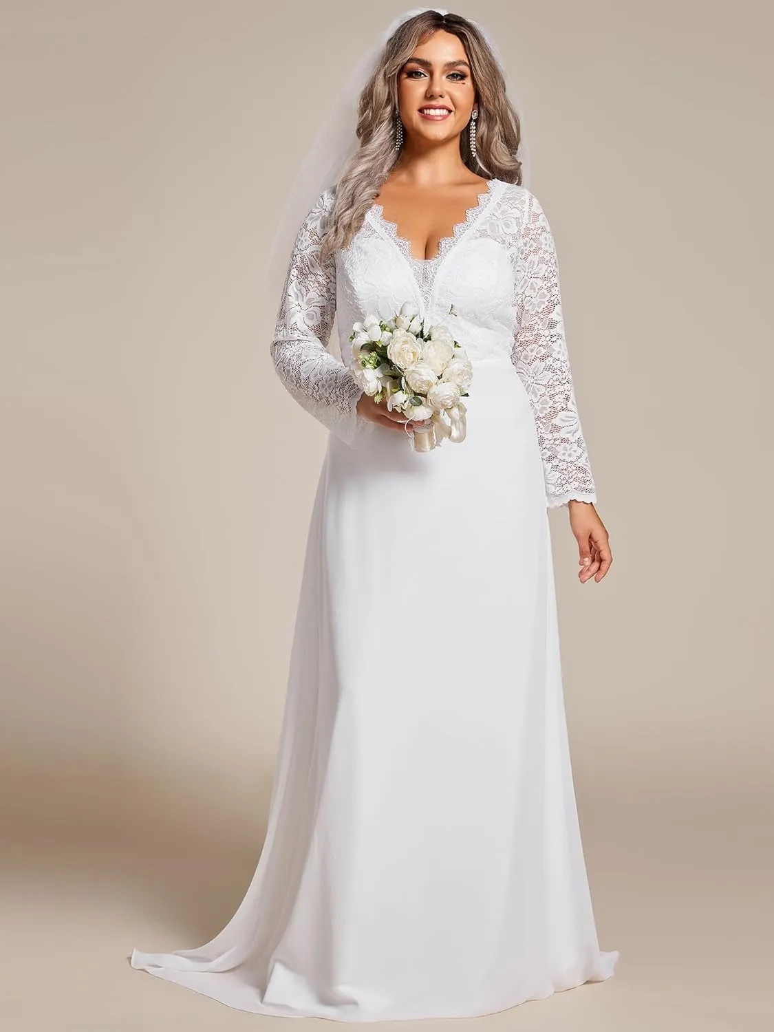 Ever-Pretty Plus Women's V Neck Long Sleeves A Line Lace Chiffon Floor Length Plus Size Wedding Dresses 01925-DA