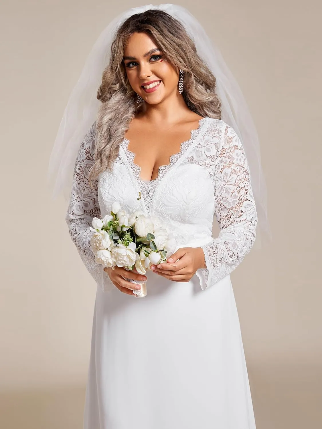 Ever-Pretty Plus Women's V Neck Long Sleeves A Line Lace Chiffon Floor Length Plus Size Wedding Dresses 01925-DA