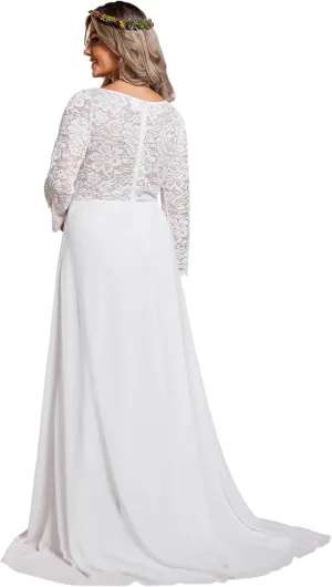 Ever-Pretty Plus Women's V Neck Long Sleeves A Line Lace Chiffon Floor Length Plus Size Wedding Dresses 01925-DA