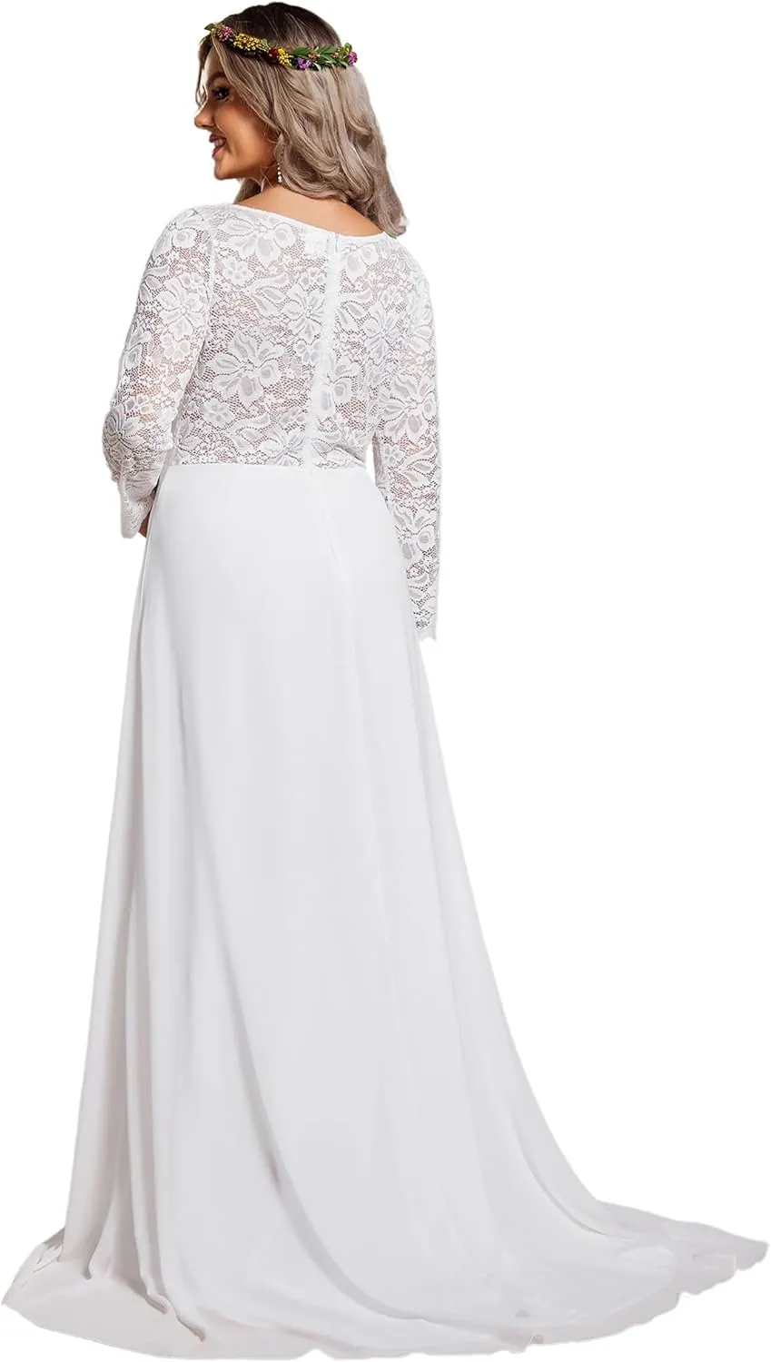 Ever-Pretty Plus Women's V Neck Long Sleeves A Line Lace Chiffon Floor Length Plus Size Wedding Dresses 01925-DA