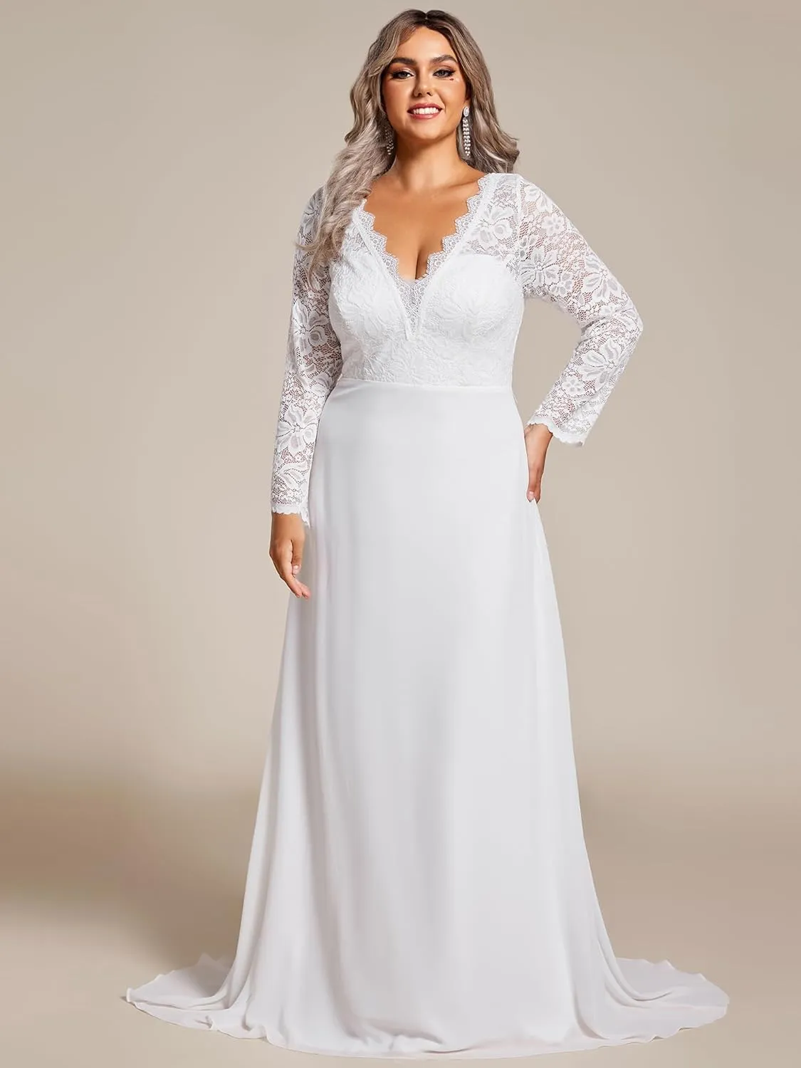 Ever-Pretty Plus Women's V Neck Long Sleeves A Line Lace Chiffon Floor Length Plus Size Wedding Dresses 01925-DA