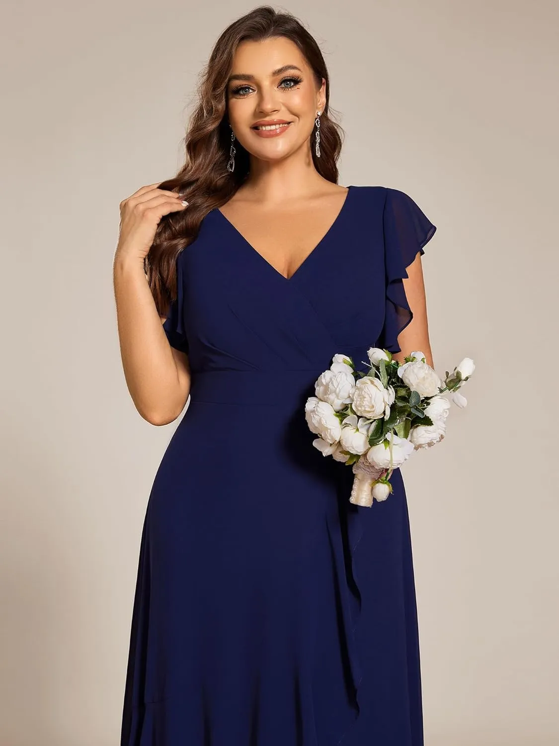 Ever-Pretty Plus Women's V Neck Short Sleeves Bridesmaid Dress Pleated Chiffon Plus Size High Low Semi Formal Dress 02221-DA