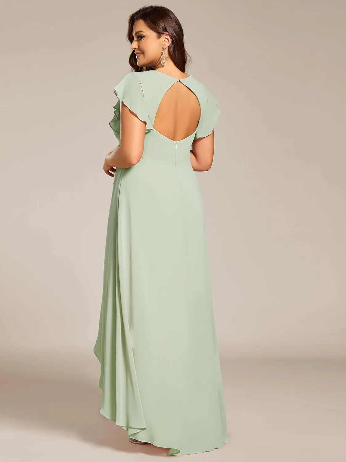Ever-Pretty Plus Women's V Neck Short Sleeves Bridesmaid Dress Pleated Chiffon Plus Size High Low Semi Formal Dress 02221-DA