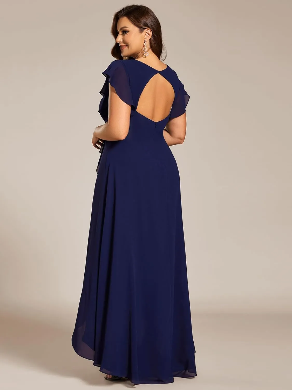 Ever-Pretty Plus Women's V Neck Short Sleeves Bridesmaid Dress Pleated Chiffon Plus Size High Low Semi Formal Dress 02221-DA