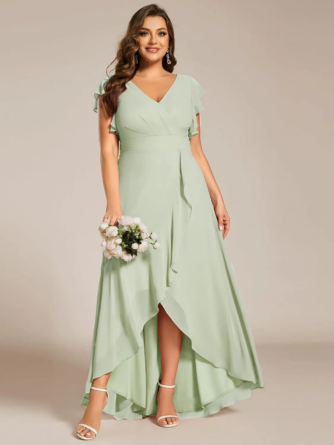 Ever-Pretty Plus Women's V Neck Short Sleeves Bridesmaid Dress Pleated Chiffon Plus Size High Low Semi Formal Dress 02221-DA