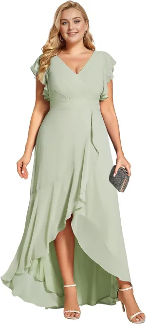 Ever-Pretty Plus Women's V Neck Short Sleeves Bridesmaid Dress Pleated Chiffon Plus Size High Low Semi Formal Dress 02221-DA
