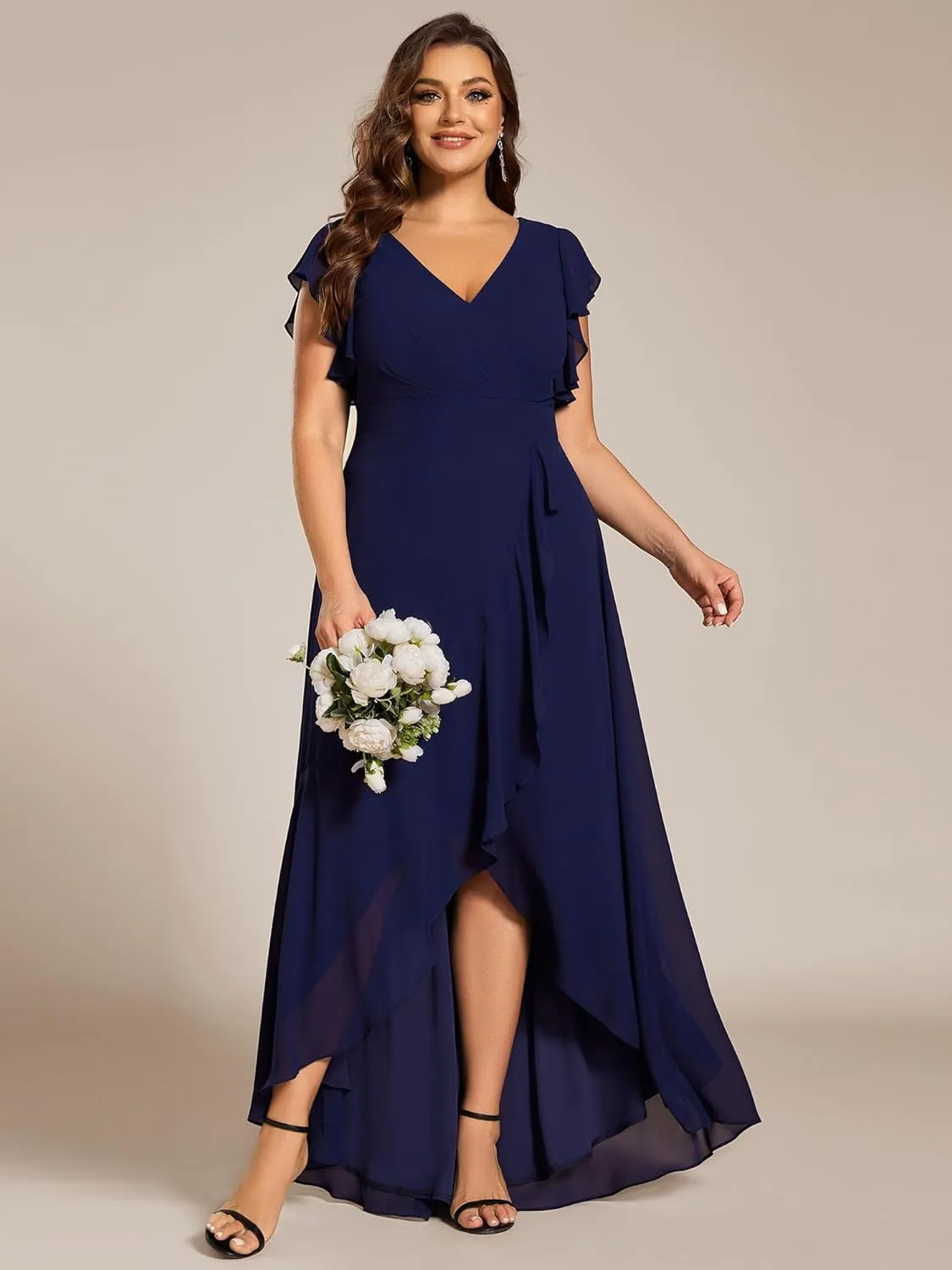 Ever-Pretty Plus Women's V Neck Short Sleeves Bridesmaid Dress Pleated Chiffon Plus Size High Low Semi Formal Dress 02221-DA