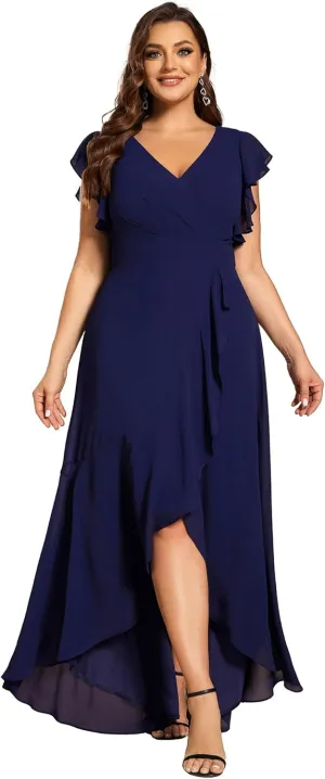 Ever-Pretty Plus Women's V Neck Short Sleeves Bridesmaid Dress Pleated Chiffon Plus Size High Low Semi Formal Dress 02221-DA