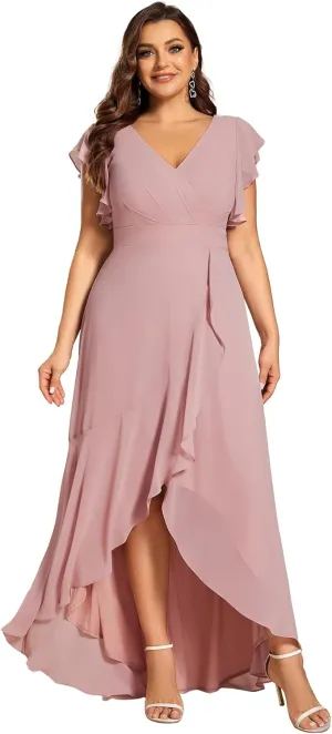 Ever-Pretty Plus Women's V Neck Short Sleeves Bridesmaid Dress Pleated Chiffon Plus Size High Low Semi Formal Dress 02221-DA