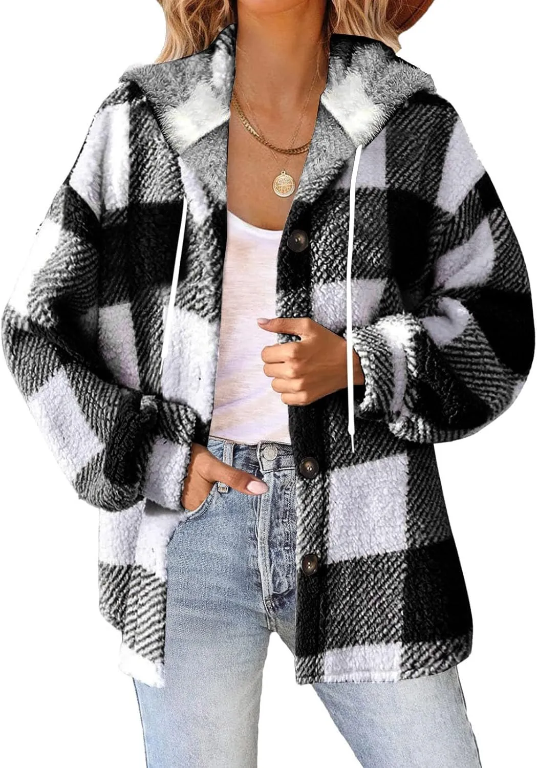 Fall Jackets for Women 2024 Plaid Shirts Casual Hoodie Jackets Long Sleeve Button Down Loose Fit Warm Winter Coats