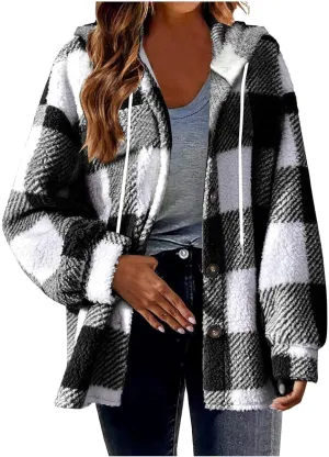 Fall Jackets for Women 2024 Plaid Shirts Casual Hoodie Jackets Long Sleeve Button Down Loose Fit Warm Winter Coats