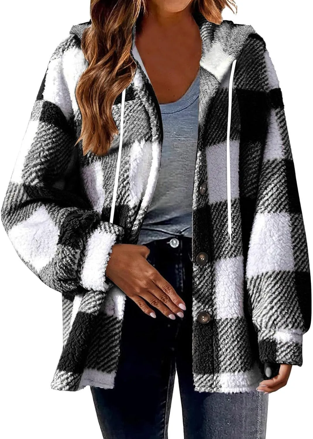 Fall Jackets for Women 2024 Plaid Shirts Casual Hoodie Jackets Long Sleeve Button Down Loose Fit Warm Winter Coats