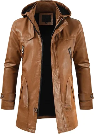 Faux Leather Jackets for Men Detachable Hooded Casual Trench Coat Stylish Motorcycle Jackets with Pockets
