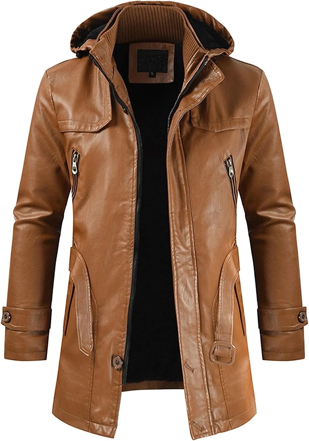 Faux Leather Jackets for Men Detachable Hooded Casual Trench Coat Stylish Motorcycle Jackets with Pockets